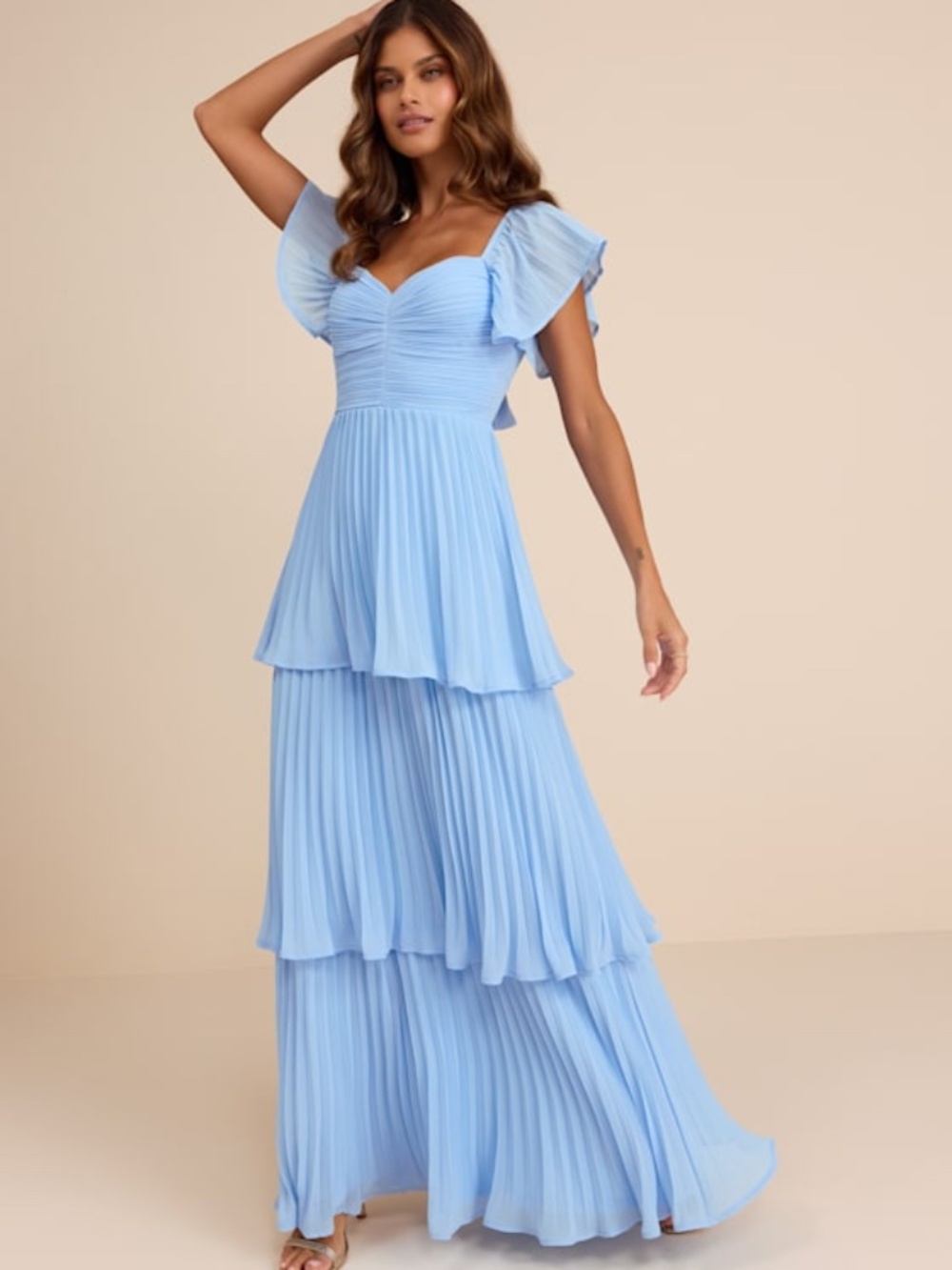 Lulus Notorious Charm Light Blue Pleated Flutter Sleeve Maxi Dress - Size L - Picture 1 of 1